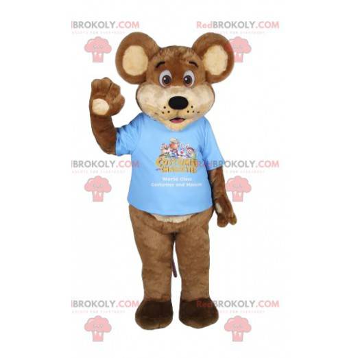 Braunbärenmaskottchen mit einem blauen T-Shirt. Bärenkostüm -