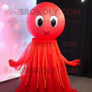 Red Jellyfish mascot costume character dressed with a Ball Gown and Anklets