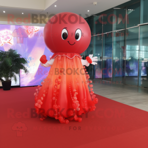 Red Jellyfish mascot costume character dressed with a Ball Gown and Anklets