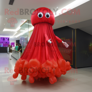 Red Jellyfish mascot costume character dressed with a Ball Gown and Anklets