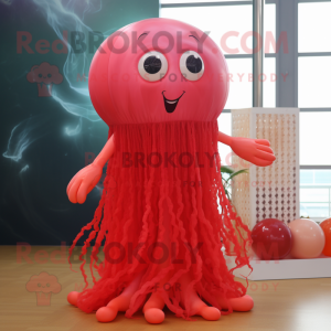 Red Jellyfish mascot costume character dressed with a Ball Gown and Anklets