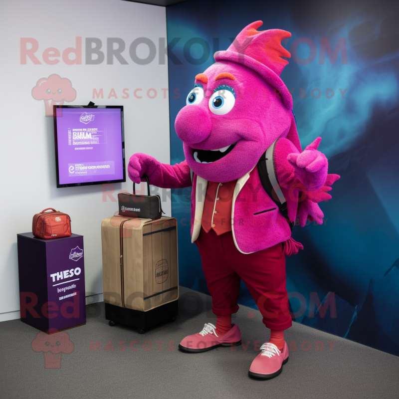 Magenta Fish And Chips mascot costume character dressed with a Jacket and Briefcases