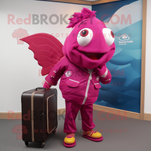 Magenta Fish And Chips mascot costume character dressed with a Jacket and Briefcases