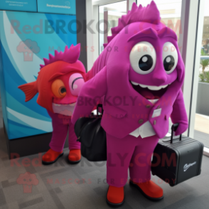 Magenta Fish And Chips mascot costume character dressed with a Jacket and Briefcases