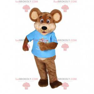 Mascotte dell'orso bruno con una maglietta blu. Costume da orso