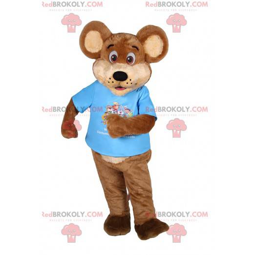Brun björnmaskot med en blå t-shirt. Björn kostym -