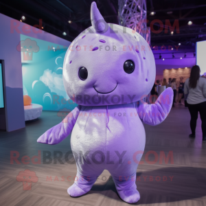 Lavender Narwhal mascot costume character dressed with a Romper and Earrings