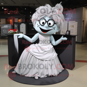 Gray Contortionist mascot costume character dressed with a Wedding Dress and Reading glasses