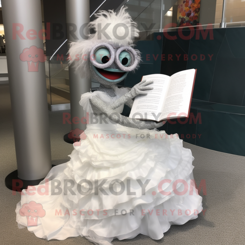 Gray Contortionist mascot costume character dressed with a Wedding Dress and Reading glasses