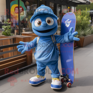 Blue Skateboard mascot costume character dressed with a Overalls and Keychains