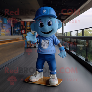 Blue Skateboard mascot costume character dressed with a Overalls and Keychains