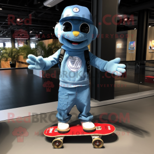 Blue Skateboard mascot costume character dressed with a Overalls and Keychains