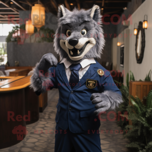 Navy Werewolf mascot costume character dressed with a Bodysuit and Tie pins