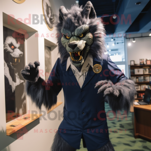 Navy Werewolf mascot costume character dressed with a Bodysuit and Tie pins