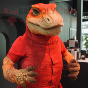Red Komodo Dragon mascot costume character dressed with a Tank Top and Mittens