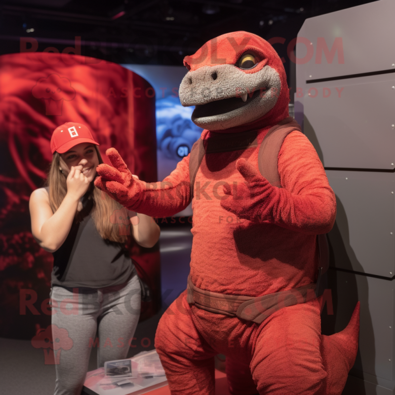 Red Komodo Dragon mascot costume character dressed with a Tank Top and Mittens