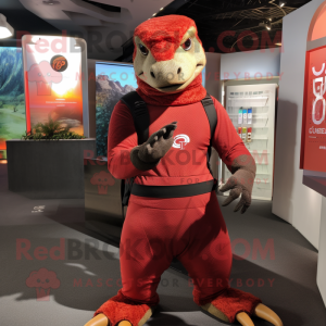 Red Komodo Dragon mascot costume character dressed with a Tank Top and Mittens