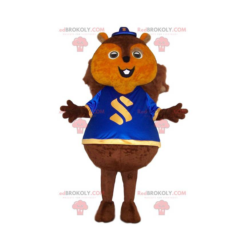 Esquilo gigante mascote com uma camisa azul - Redbrokoly.com Esquilo gigante mascote com uma camisa azul - Redbrokoly.com
