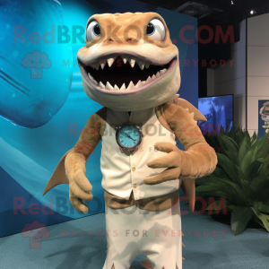 Tan Barracuda mascot costume character dressed with a Shift Dress and Bracelet watches