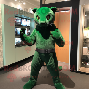 Forest Green Jaguarundi mascot costume character dressed with a Bodysuit and Gloves