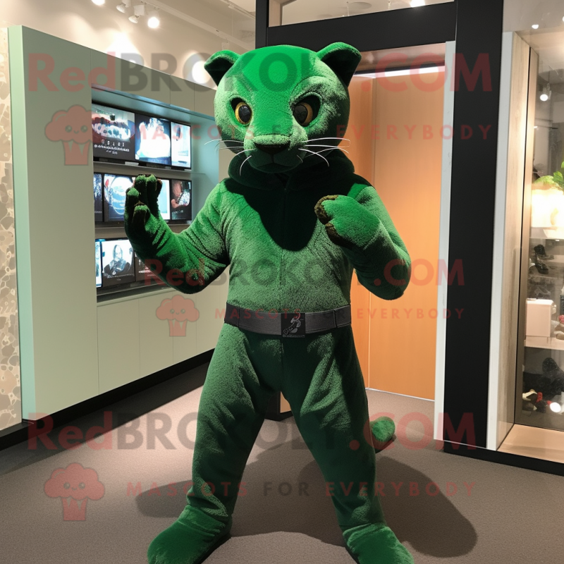 Forest Green Jaguarundi mascot costume character dressed with a Bodysuit and Gloves Forest Green Jaguarundi mascot costume character dressed with a Bodysuit and Gloves
