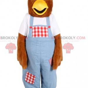 Mascotte di pollo in tuta blu. Costume da gallina -