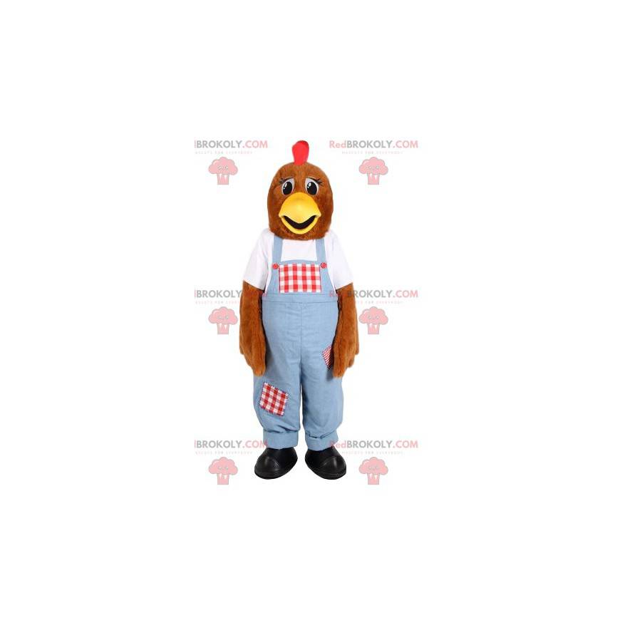 Kycklingmaskot i blå overall. Höna kostym - Redbrokoly.com