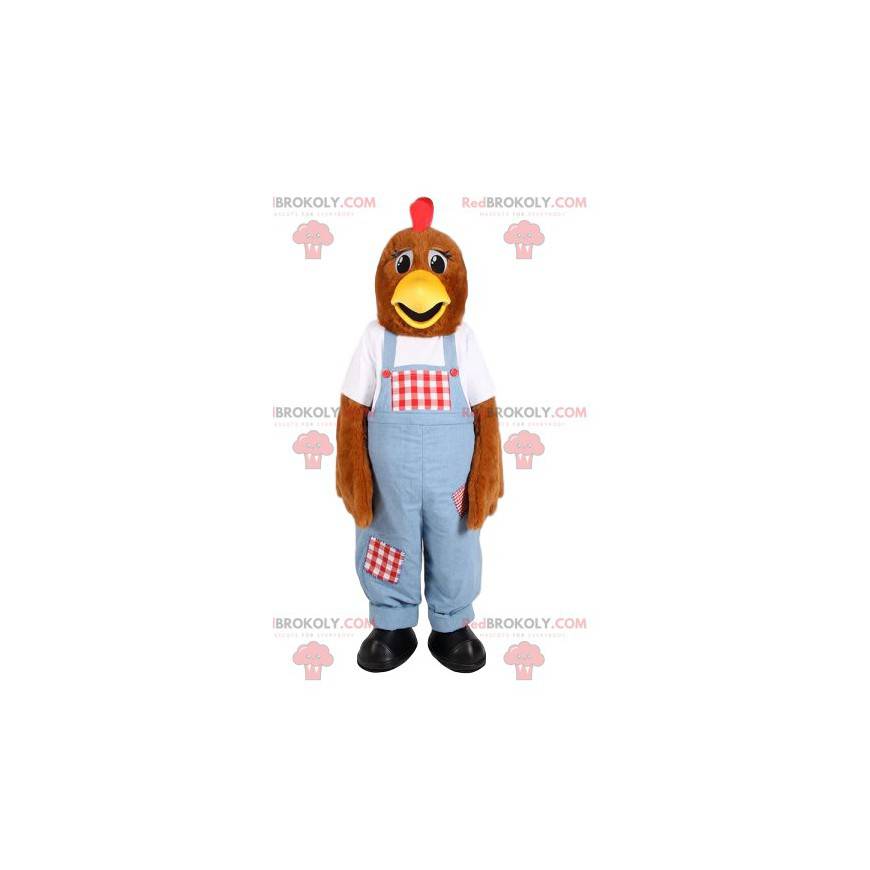 Mascotte di pollo in tuta blu. Costume da gallina -