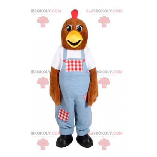 Mascotte di pollo in tuta blu. Costume da gallina -