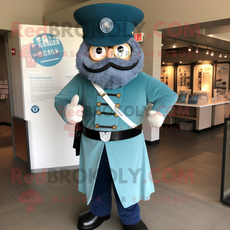 Teal Civil War Soldier mascot costume character dressed with a Cover-up and Rings Teal Civil War Soldier mascot costume character dressed with a Cover-up and Rings