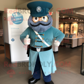 Teal Civil War Soldier mascot costume character dressed with a Cover-up and Rings