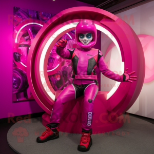 Magenta Acrobat mascot costume character dressed with a Moto Jacket and Rings