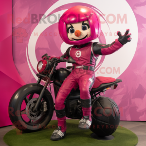 Magenta Acrobat mascot costume character dressed with a Moto Jacket and Rings