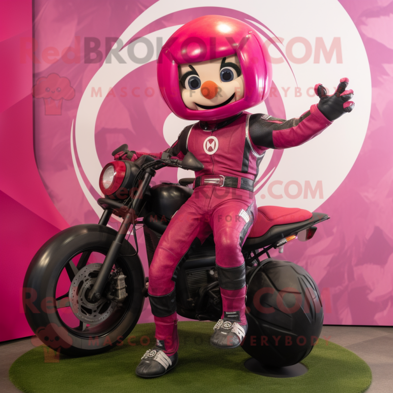 Magenta Acrobat mascot costume character dressed with a Moto Jacket and Rings