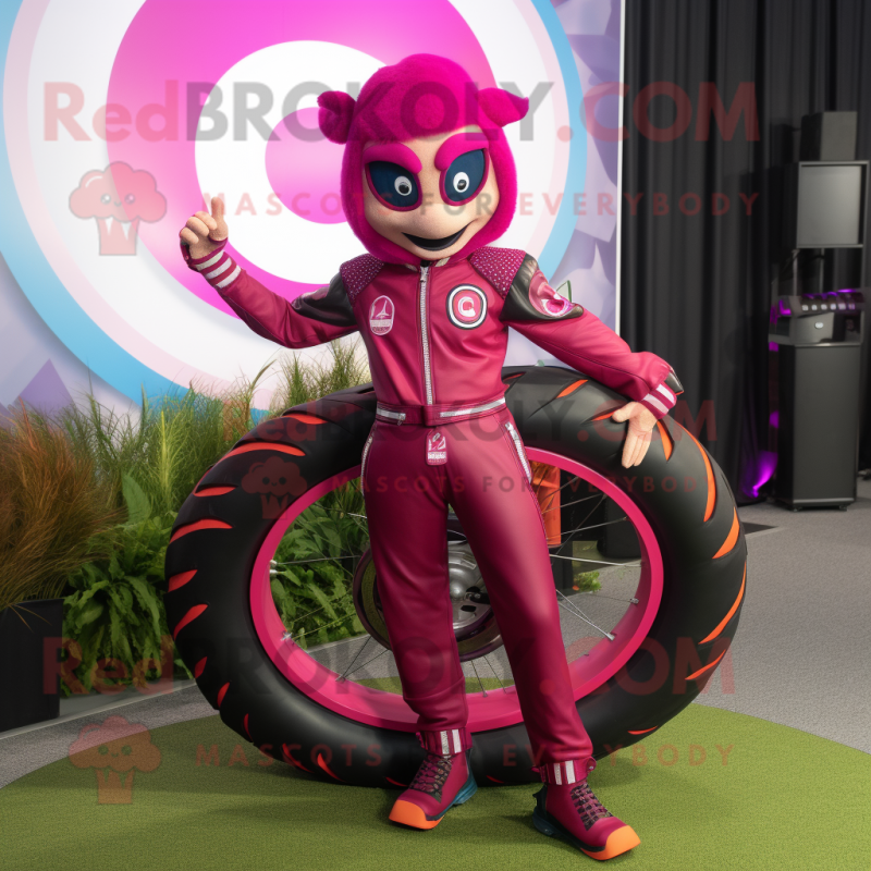 Magenta Acrobat mascot costume character dressed with a Moto Jacket and Rings