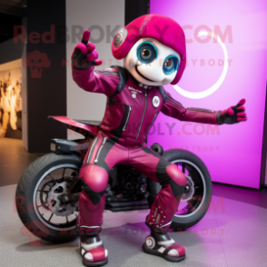 Magenta Acrobat mascot costume character dressed with a Moto Jacket and Rings