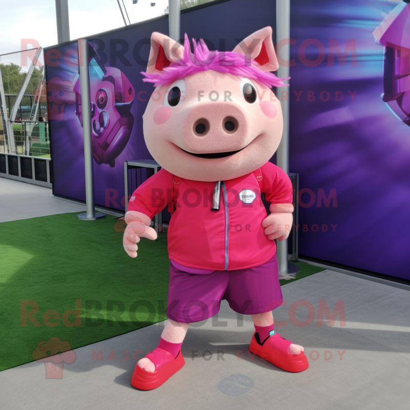 Magenta Pig mascot costume character dressed with a Bermuda Shorts and Hair clips