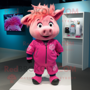 Magenta Pig mascot costume character dressed with a Bermuda Shorts and Hair clips