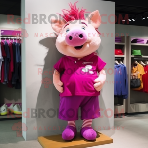 Magenta Pig mascot costume character dressed with a Bermuda Shorts and Hair clips