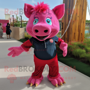 Magenta Pig mascot costume character dressed with a Bermuda Shorts and Hair clips
