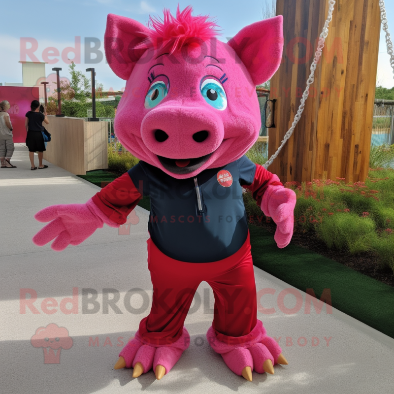 Magenta Pig mascot costume character dressed with a Bermuda Shorts and Hair clips Magenta Pig mascot costume character dressed with a Bermuda Shorts and Hair clips