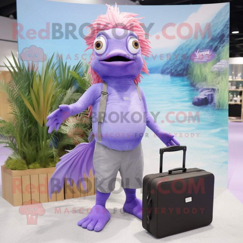 Lavender Betta Fish mascot costume character dressed with a Board Shorts and Briefcases