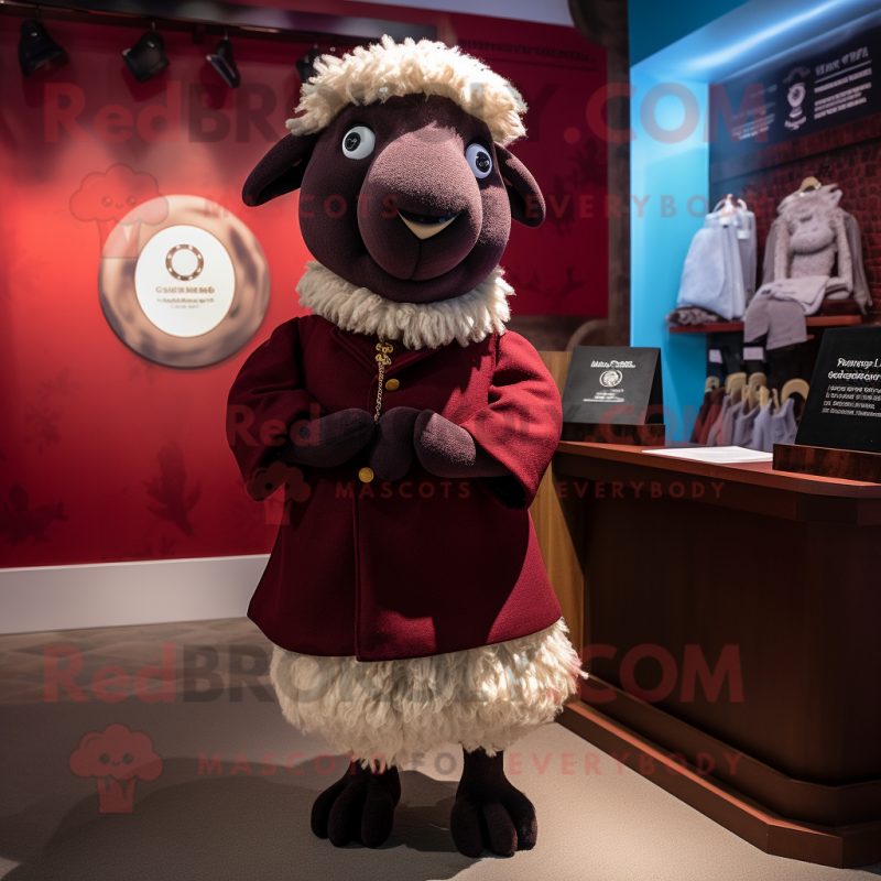 Maroon Suffolk Sheep mascot costume character dressed with a Shift Dress and Tie pins