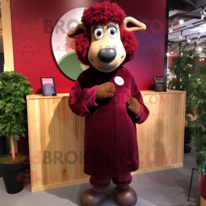 Maroon Suffolk Sheep mascot costume character dressed with a Shift Dress and Tie pins