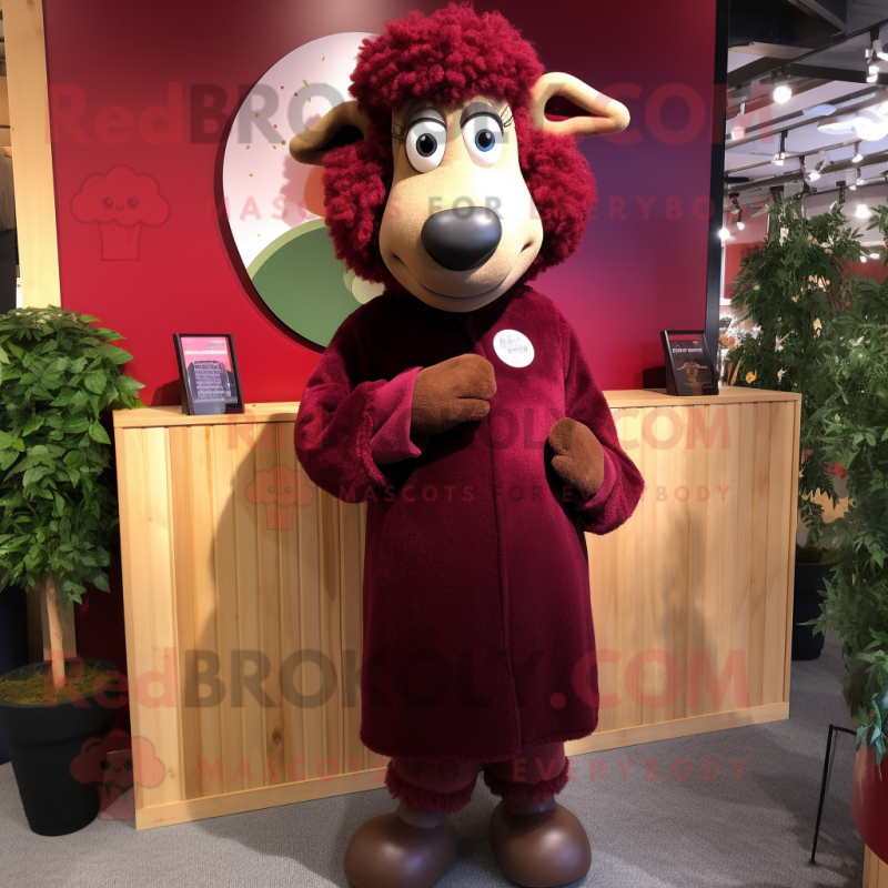 Maroon Suffolk Sheep mascot costume character dressed with a Shift Dress and Tie pins Maroon Suffolk Sheep mascot costume character dressed with a Shift Dress and Tie pins