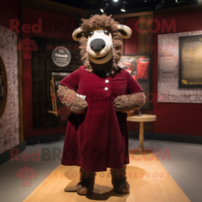 Maroon Suffolk Sheep mascot costume character dressed with a Shift Dress and Tie pins