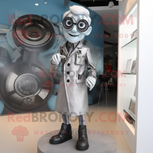 Silver Doctor mascot costume character dressed with a Playsuit and Earrings