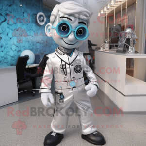 Silver Doctor mascot costume character dressed with a Playsuit and Earrings