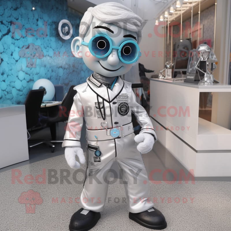 Silver Doctor mascot costume character dressed with a Playsuit and Earrings Silver Doctor mascot costume character dressed with a Playsuit and Earrings