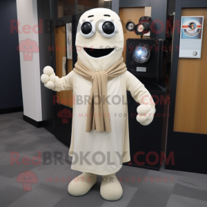 Cream Camera mascot costume character dressed with a Blazer and Scarf clips